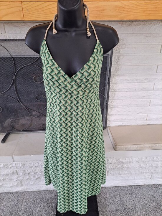 Ann Taylor Loft Dresses & Skirts - Y2K Green Halter Midi Dress Rope Straps Size 14 Geometric Pattern Boho Retro